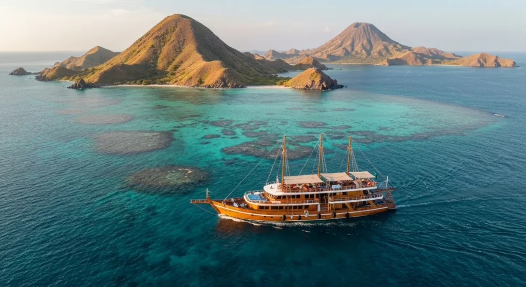 Luxury Komodo cruise yacht sailing through turquoise waters of Komodo National Park