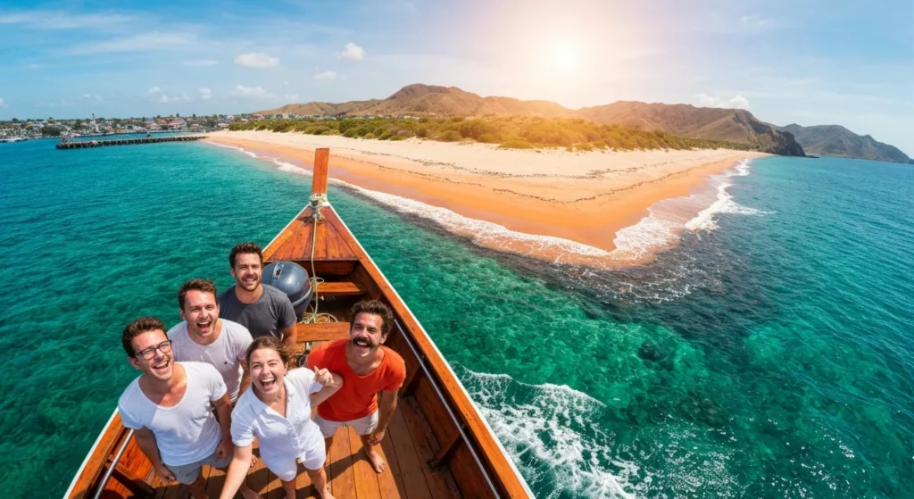 Premium Komodo boat tour departing from Labuan Bajo harbor at sunrise