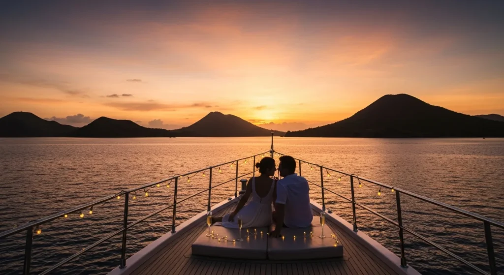 Romantic honeymoon cruise with sunset dinner on a luxury yacht in Komodo