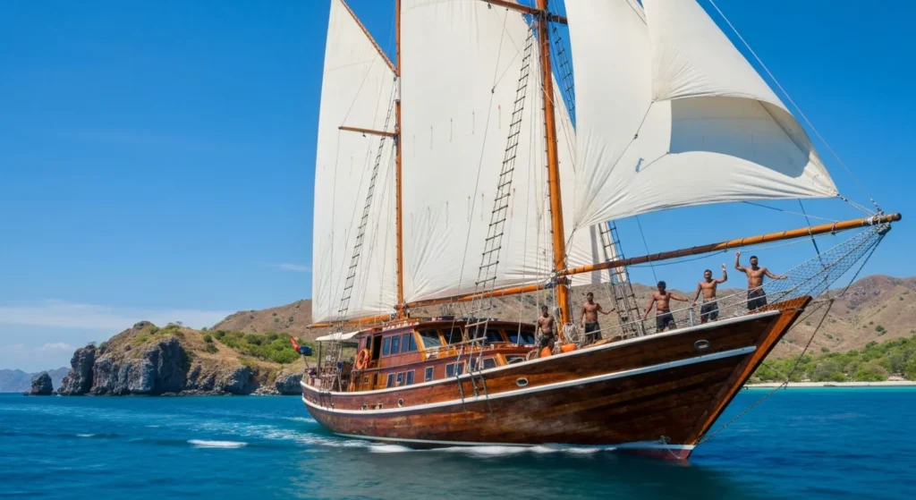 Traditional Indonesian phinisi yacht cruising through Komodo waters
