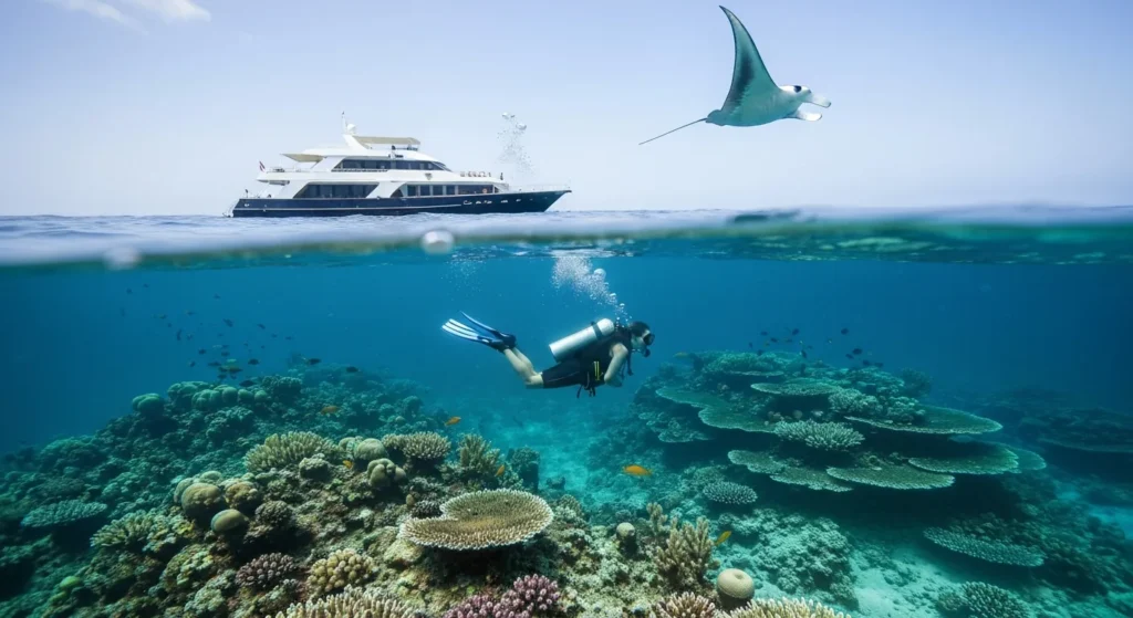 Diving liveaboard yacht anchored near world-class Komodo dive sites