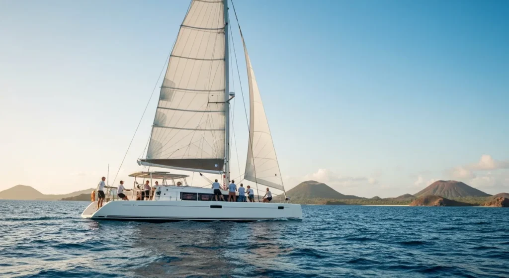Sailing yacht navigating between volcanic islands in Komodo National Park