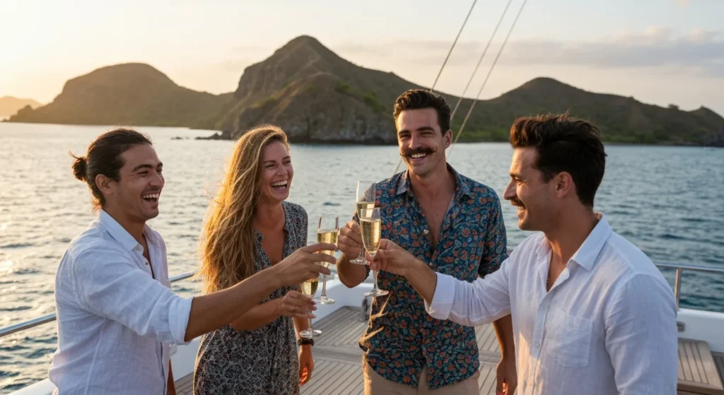 Happy guests enjoying luxury yacht experience in Komodo National Park