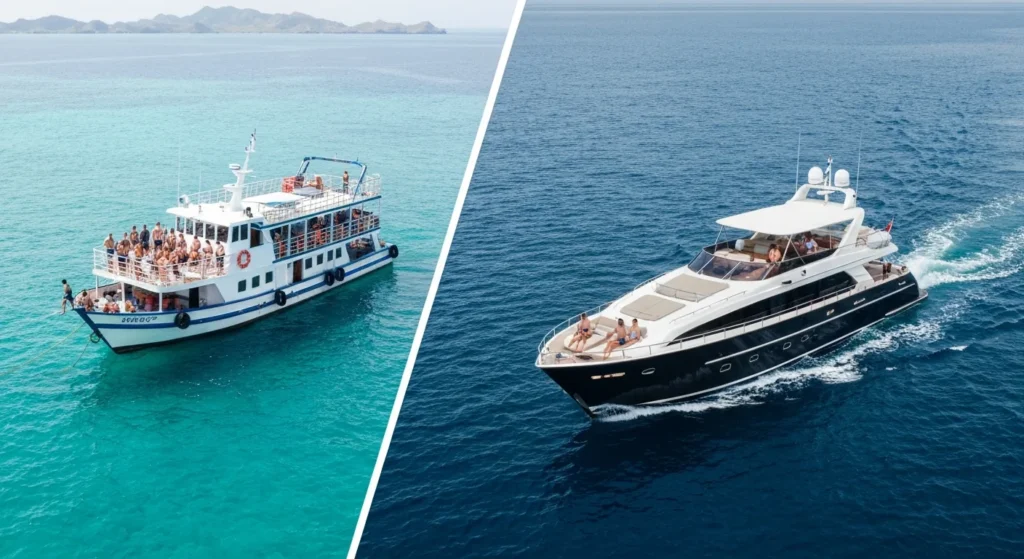 Comparison of liveaboard and private yacht charter experiences in Komodo