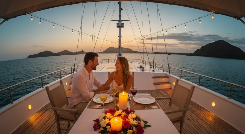 Romantic couple on luxury yacht honeymoon in Komodo islands at sunset