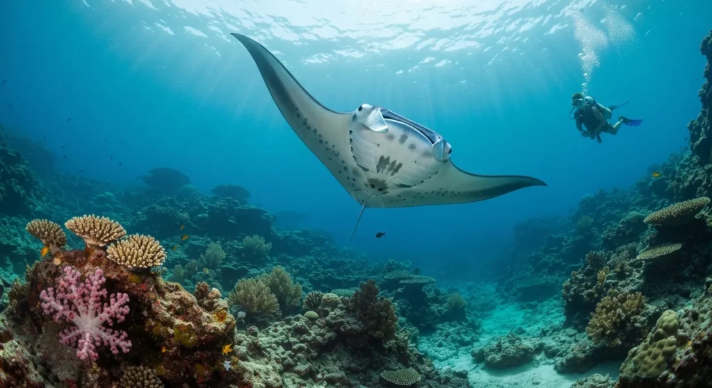 Stunning underwater coral reef at top Komodo dive sites from yacht