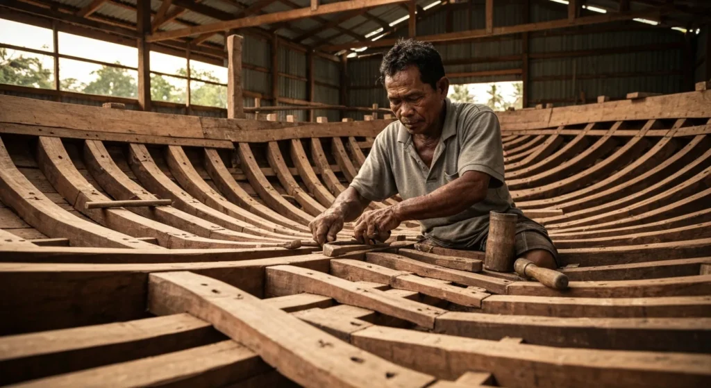 Historic Indonesian phinisi yacht with traditional wooden hull design