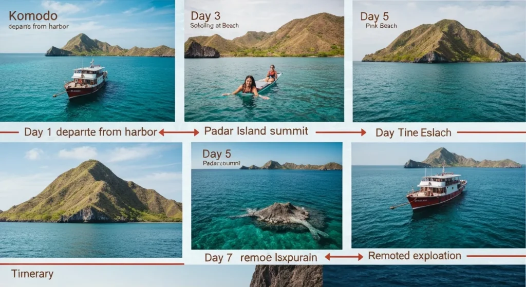 Komodo yacht itinerary map showing 3-day 5-day and 7-day routes