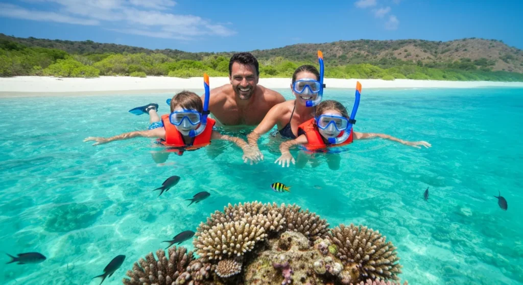 Family with children enjoying safe sailing adventure in Komodo waters