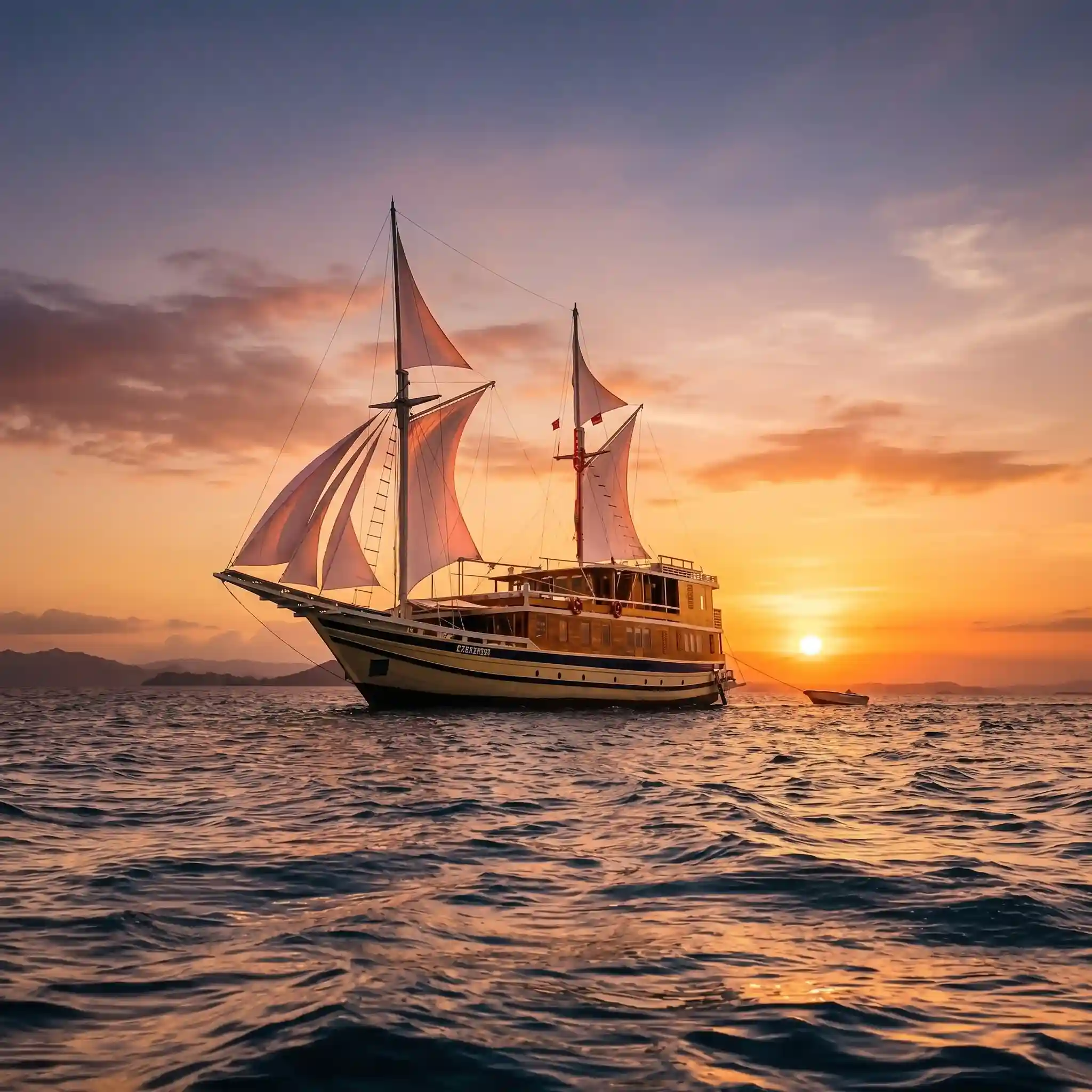Motor yacht putih menyusuri bukit keemasan Taman Nasional Komodo