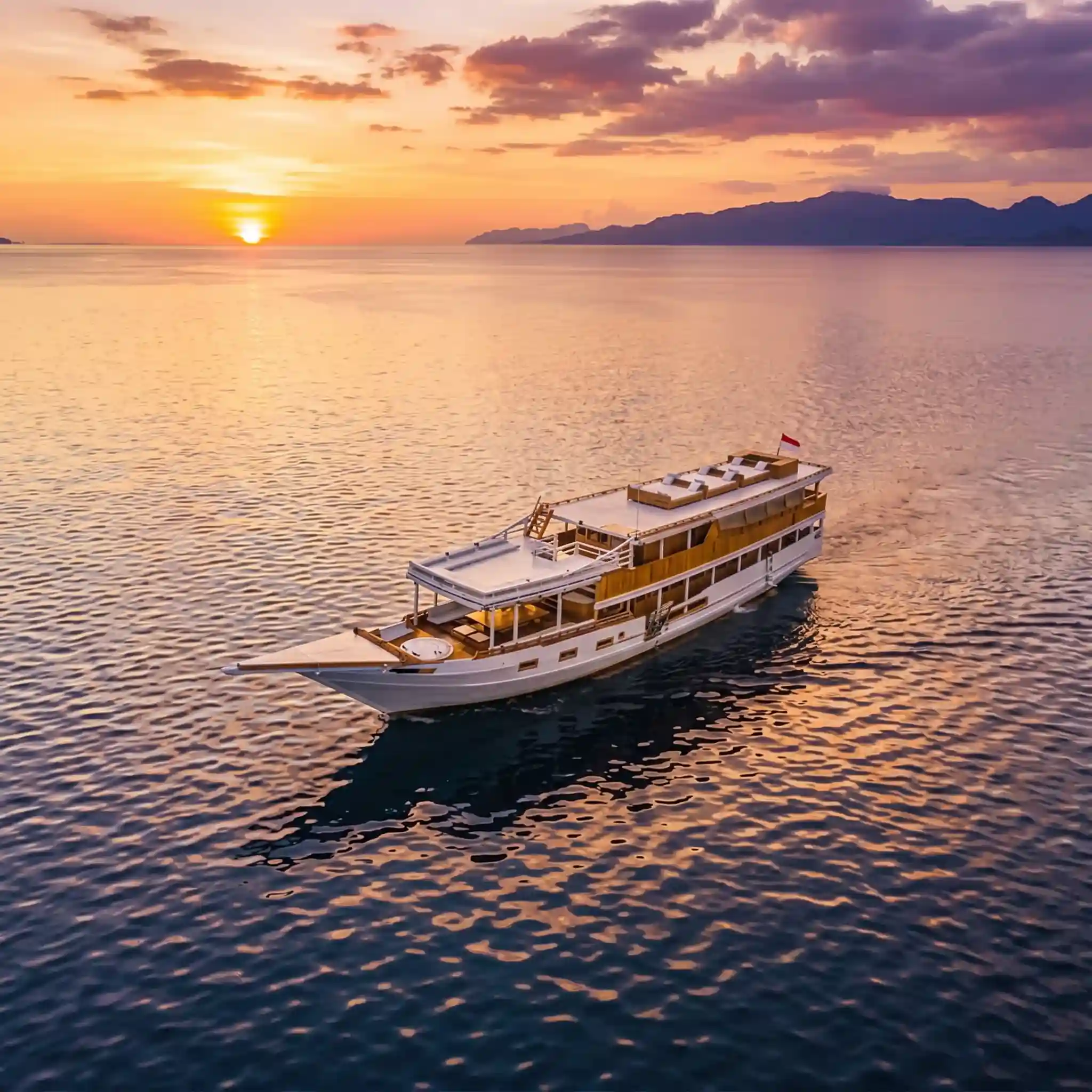 Kapal besar bercahaya saat senja di bawah kawanan kalong Pulau Kalong